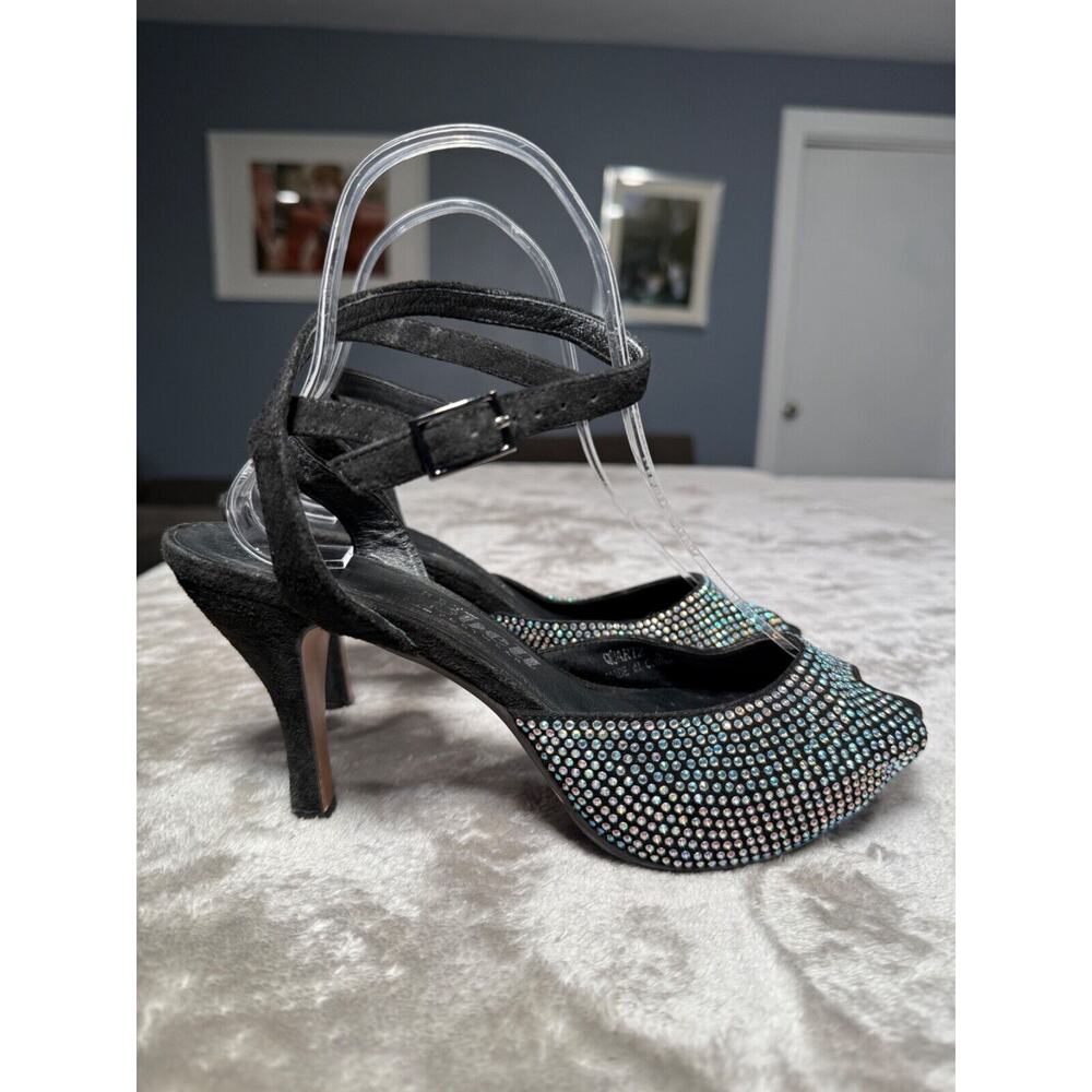 Jeffrey Campbell Quartz Vintage Crystal Black Suede Ankle Wrap Heels Womens 8